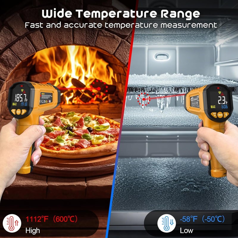 SQECH Infrared Thermometer Gun, Laser Thermometer Gun -58℉～1112℉(-50℃～600℃),Non-Contact Temperature Gun with Adjustable Emissivity&Color Backlight for Cooking, Pizza Oven,BBQ,Fridge,Engine,HVAC(Yellow) - Image 4